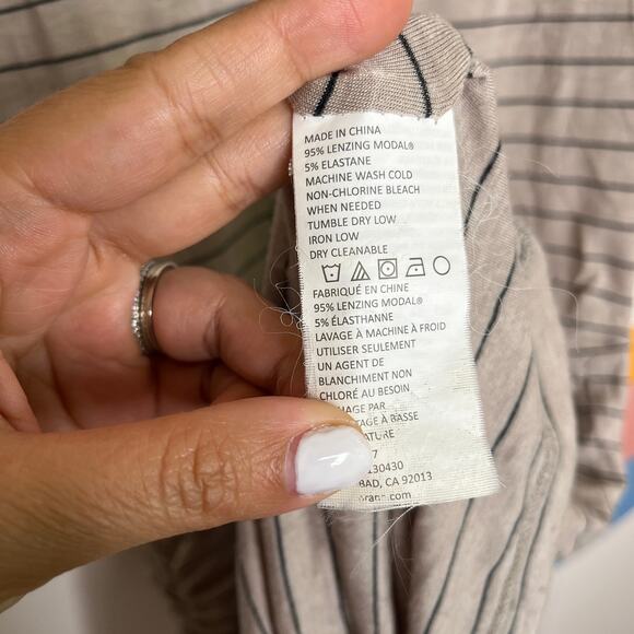 prAna Striped V Neck Midi T Shirt Dress Womens Size S Taupe Gray Ruched Stretch - Picture 6 of 7